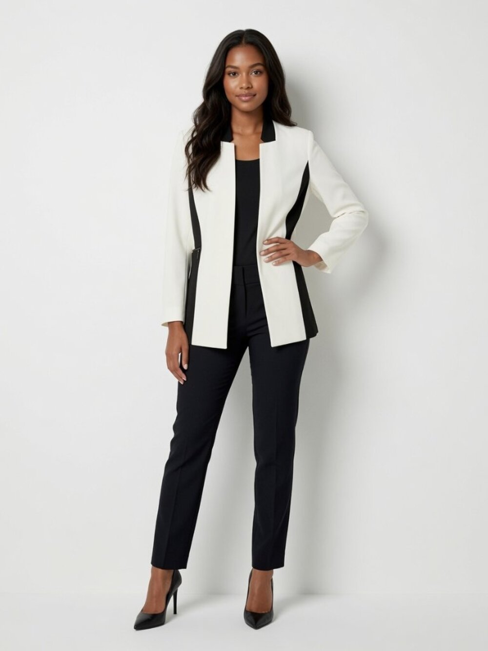 Kasper Colorblock Open-Front Women's Blazer Jacket in Vanilla Ice/Black, Size XL
